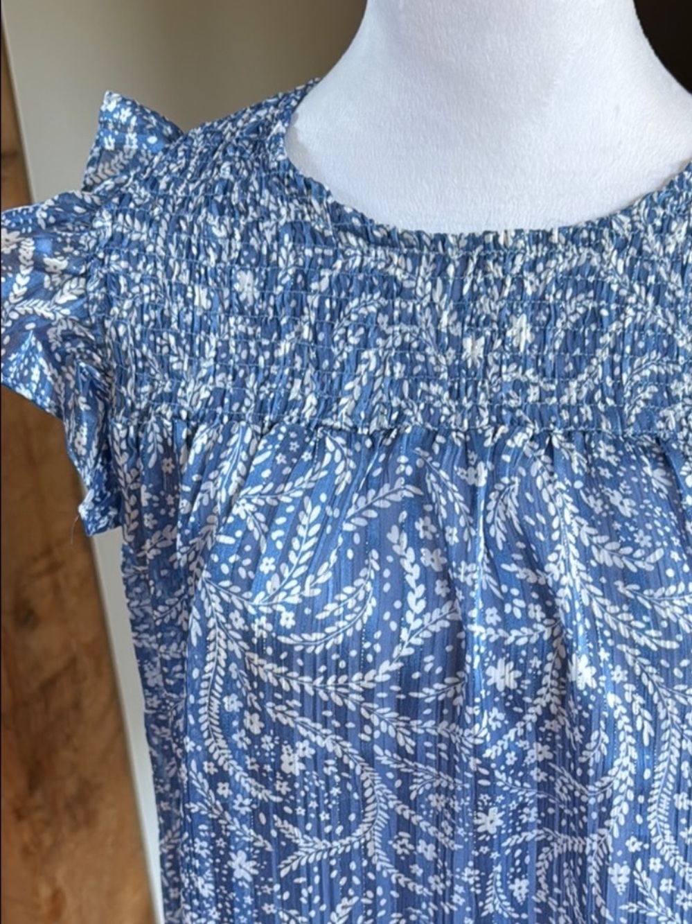 Umgee Blue Floral Smocked Ruffle Sleeve Blouse - Picture 6 of 7